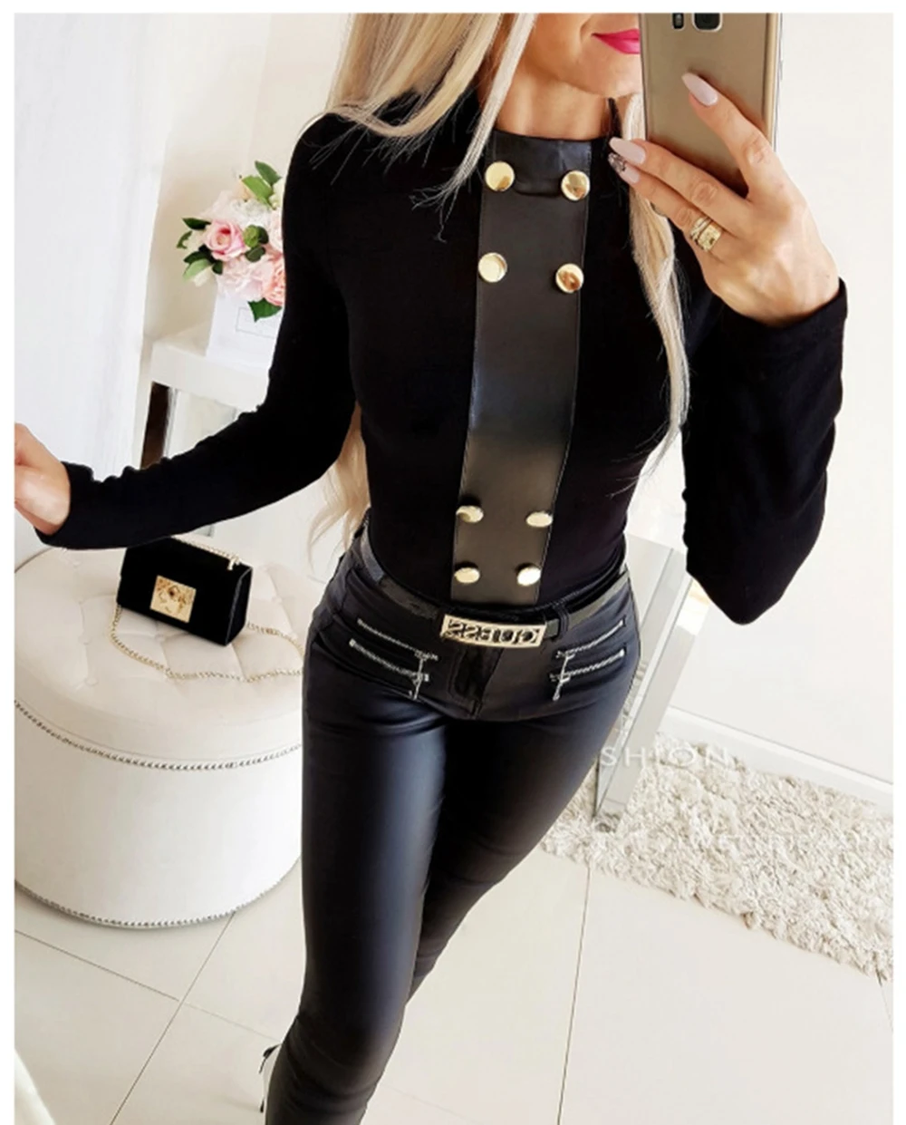 

2020 New Top Turtleneck Long Sleeve Fashion Slim T-Shirt Women Long Sleeve Belt Decoration Black Tee Tops Fit Shirt