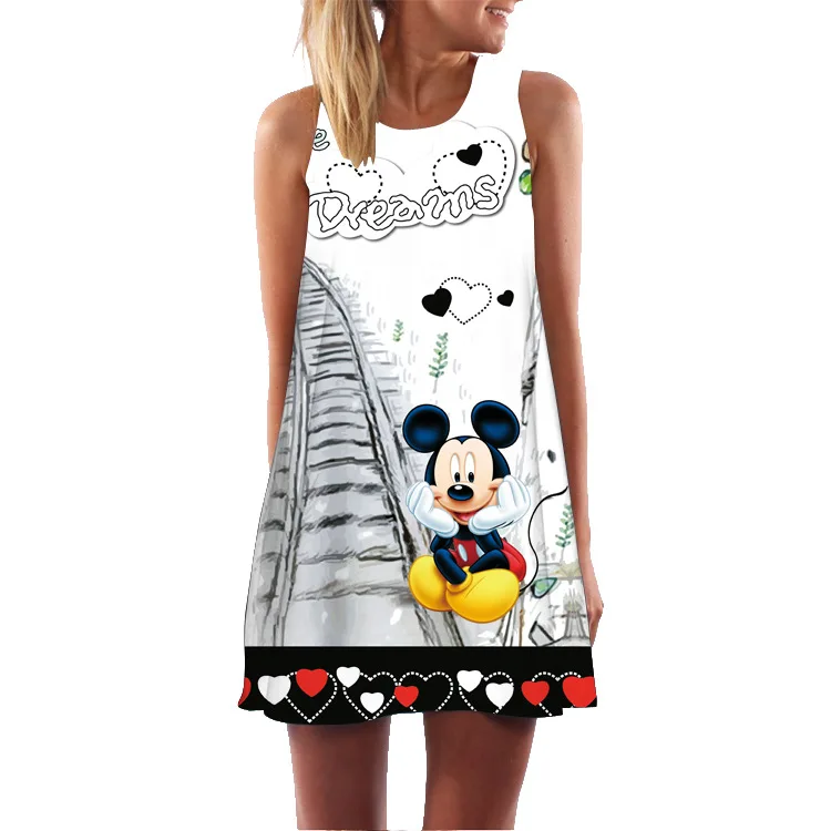 Women Mini Tank Dress Summer Vintage Mickey Cartoon Print Oversize Sleeveless Sweet Sundress Round Neck Robes Strapless Vestidos