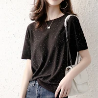 womens summer thin short sleeved t shirt loose large age reducing unobtrusive color heavy industry sequin round neck t shirt