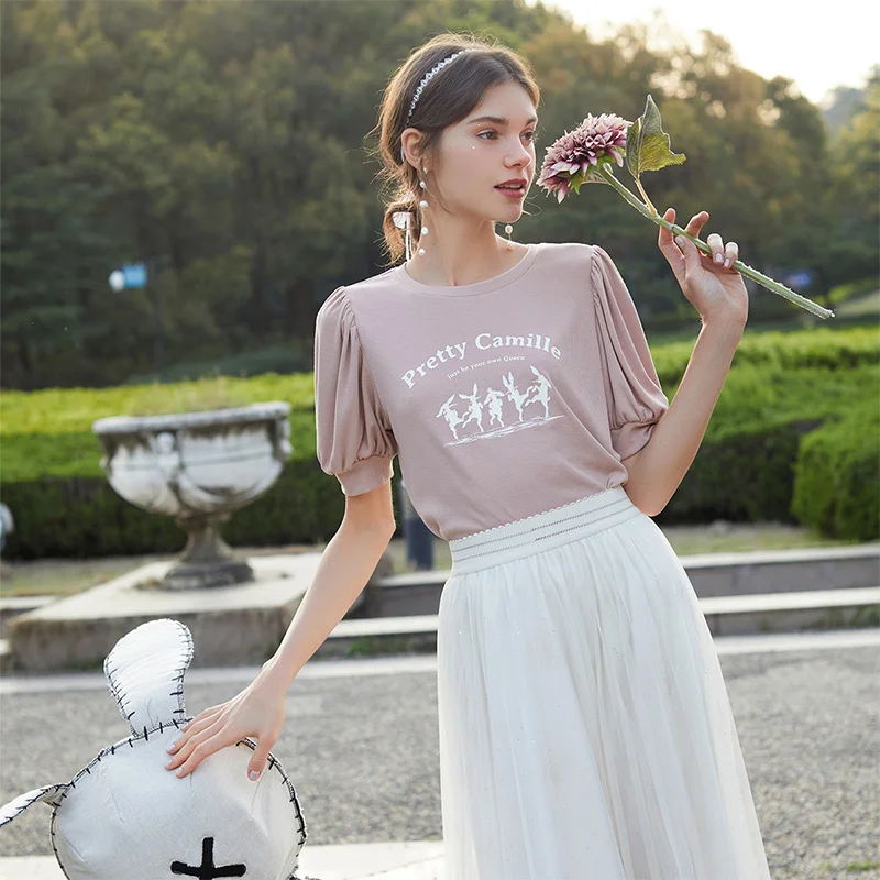 

SHZQ Short Sleeve T-shirt Women's 2021 Summer New Round Neck Cartoon Print Ins Trendy Korean Loose Bubble Sleeve Top