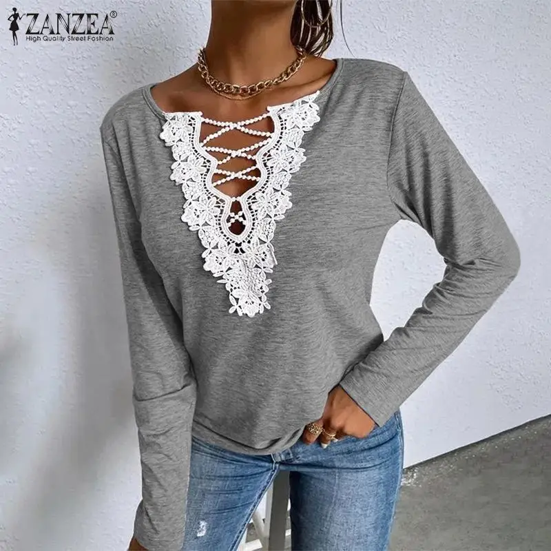 

Осенние топы ZANZEA, стильная женская кружевная Лоскутная Блузка с длинным рукавом, повседневный Базовый Топ оверсайз, женская рубашка, рабоча...