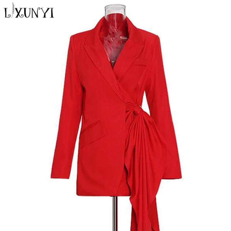 

LXUNYI Ladies Blazer Spring Autumn Fashion Asymmetry Elegant Woman Blazers Lace Up Ruffles Oversized Blazer Womens Coats Red