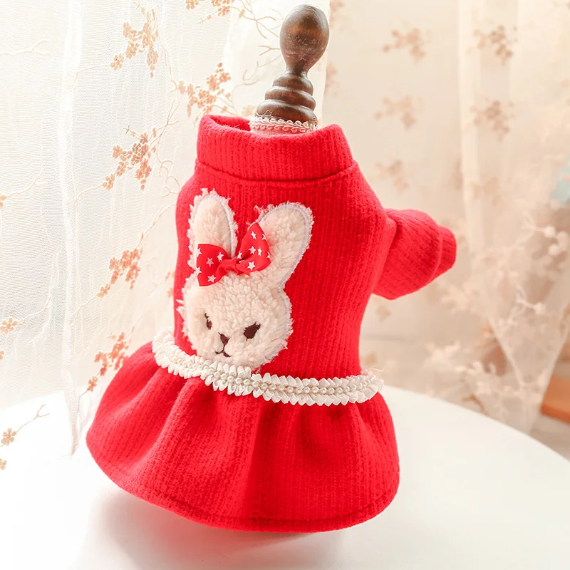 С воротником стойкой и красные платья для животных собак Одежда с заячьими