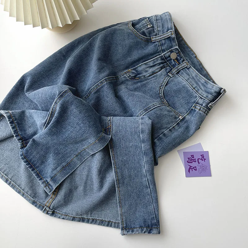 

Женская джинсовая юбка, однотонная прямая юбка до колен, с высокой талией и карманами, элегантная, на лето, 2021