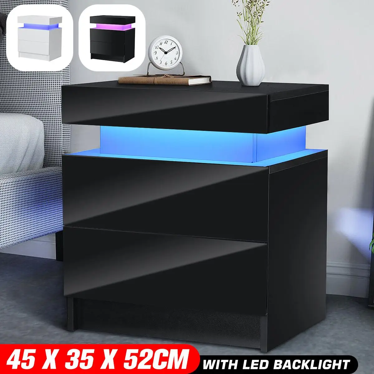 7 Type Modern Luxury LED Light Nightstand w/2 Drawers Organizer Storage Cabinet Bedside Tea Table Bedroom Furniture for Night