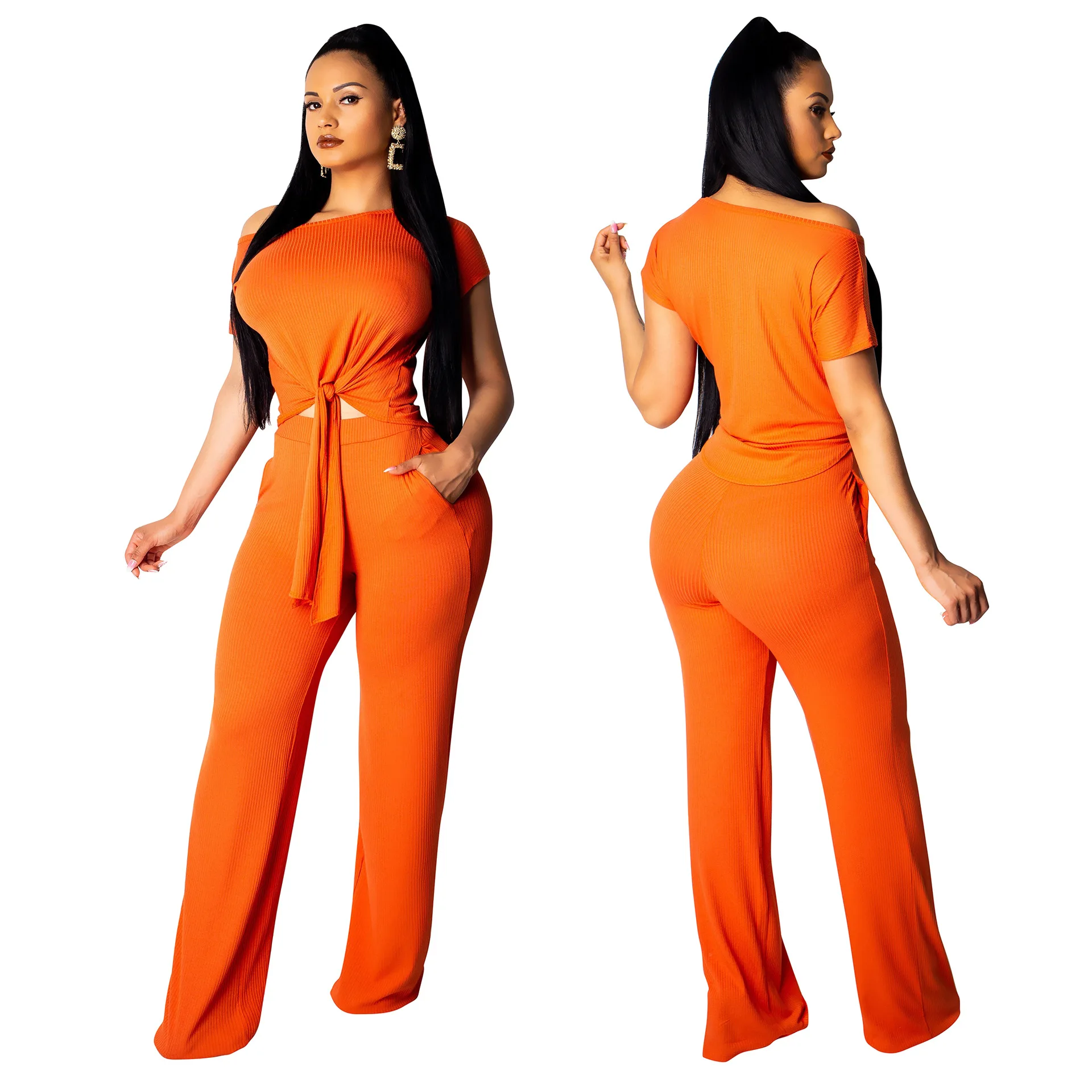 New women Summer knitted short sleeve Bandage crop tops sweater T-shirt +Wide leg Long patns Set suit 2 piece outfits for | Женская