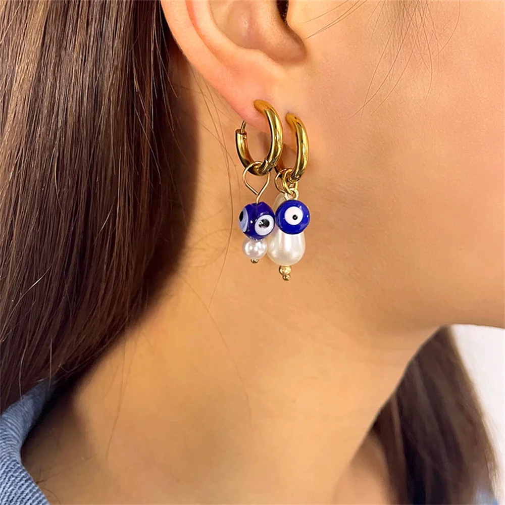 

Blue Evil Eye Stainless Steel Earrings For Women Asymmetry Pearls Round Piercing Earrings Circle Hoop Ear Rings Fashion Jewelry