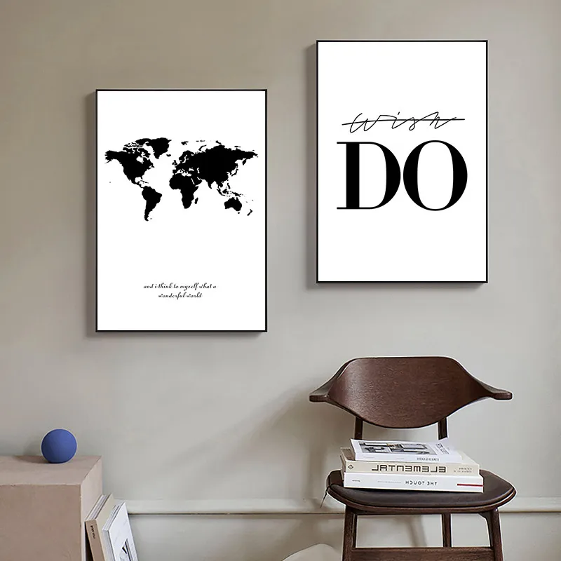 

Nordic Modern Black and White Text World Map Inspirational Bedroom Study Painting for Living Room Decoration Wall Art Home Decor