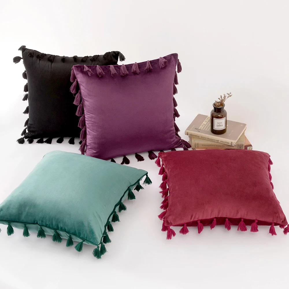 Роскошная Современная бархатная наволочка с кисточками наволочки синие серые