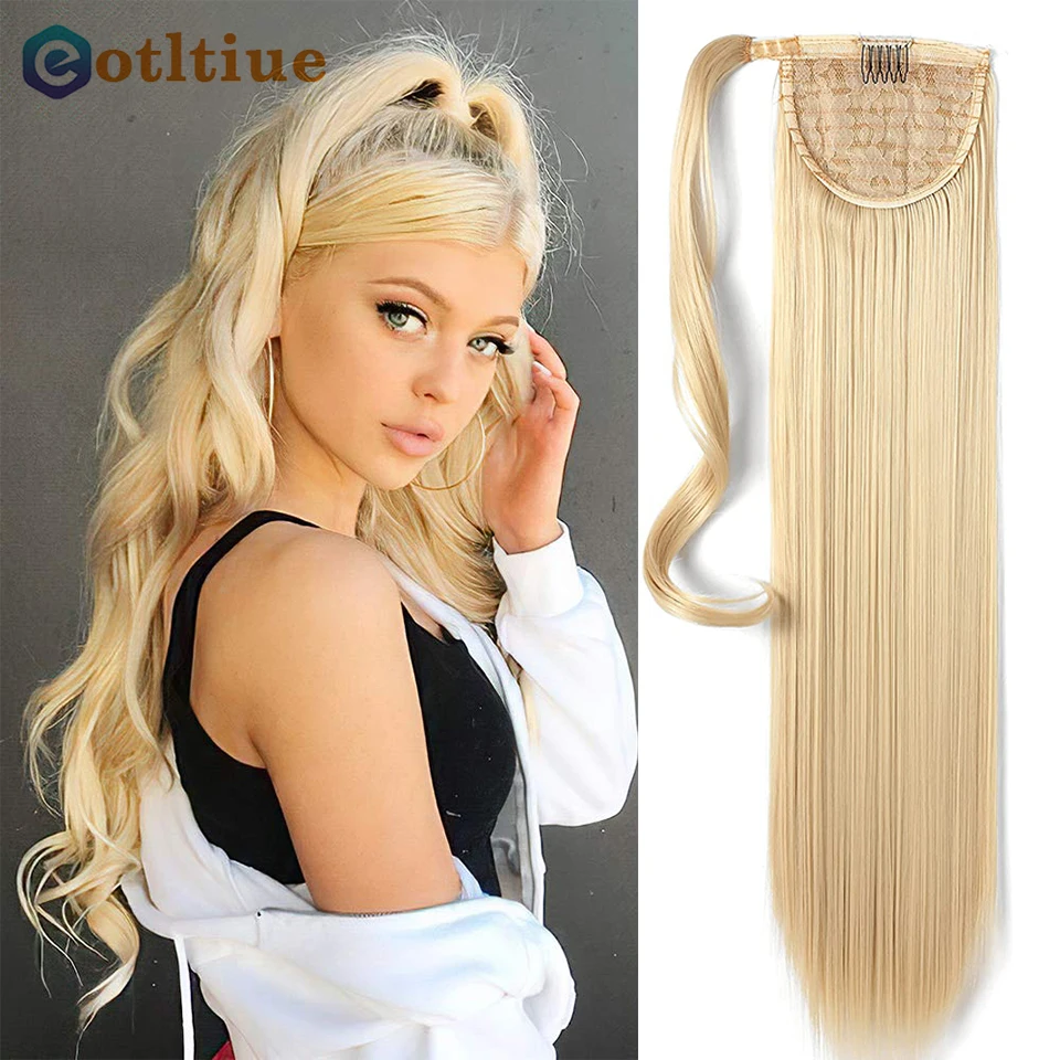 

Eotltiue 16-24'' Inch Wrap Around Long Straight Ponytail Human Hair #613 Color Clip In Ponytail Remy Hair Extensions For Blonde