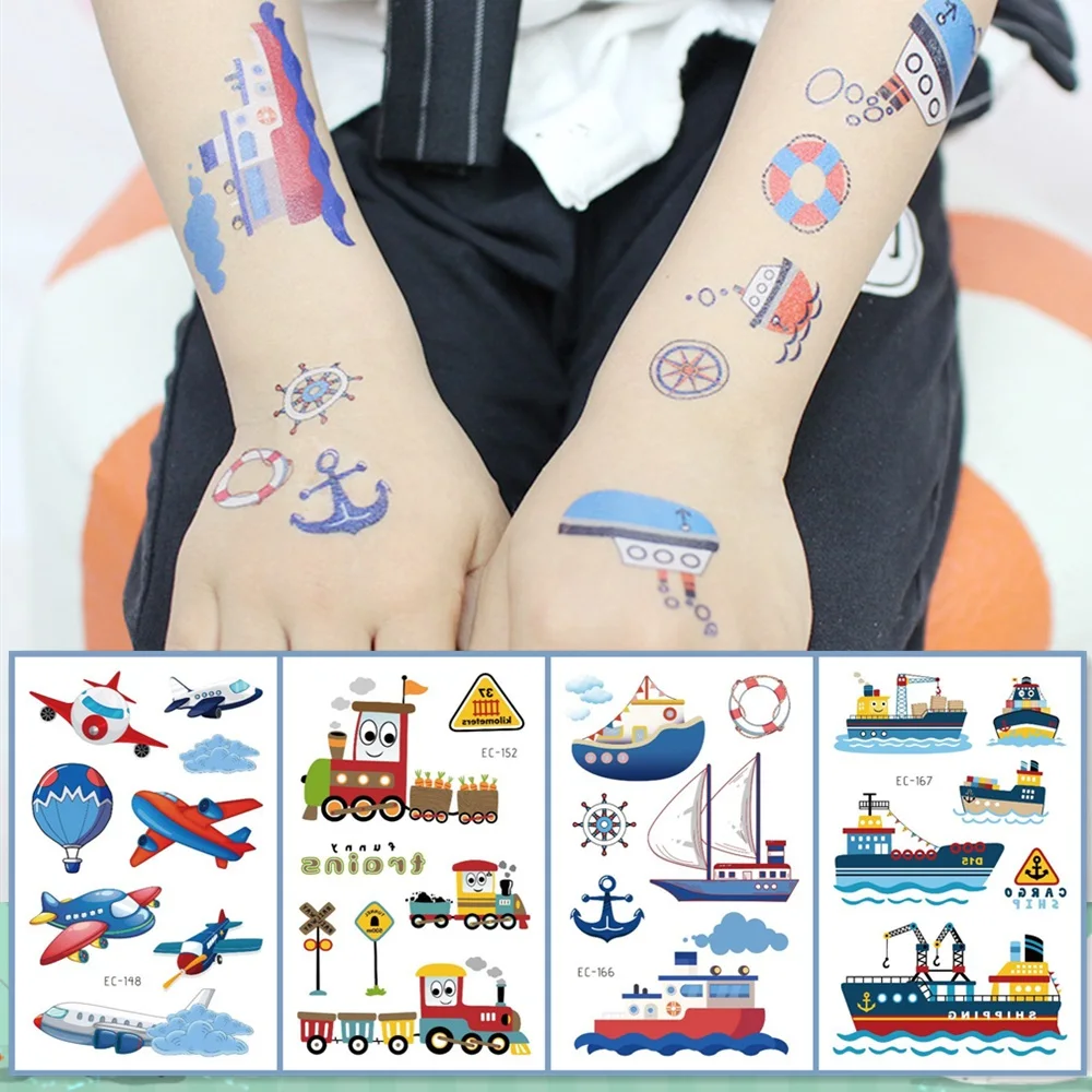 

32 kinds Temporary Tattoo Stickers for Kids Cute Cartoon Plane Train Ship faux tatouage temporaire Disposable Children Gift