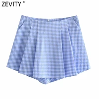 zevity women fashion plaid print pleat design hot bermuda shorts skirts female chic back zipper casual pantalone cortos p1101
