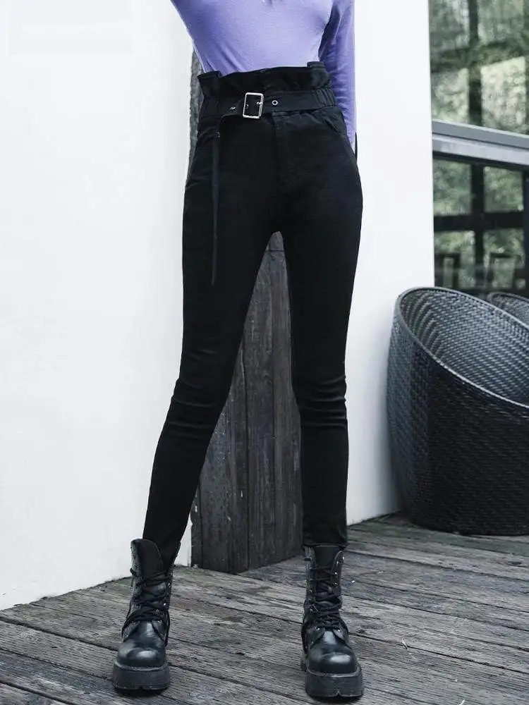 Женские узкие брюки с высокой талией и оборками в стиле панк поясом PK-340XC