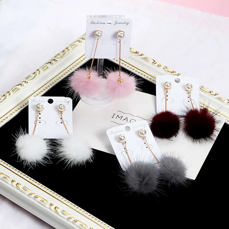 1 пара модные милые длинные висячие серьги с помпоном из кроличьего меха перьями
