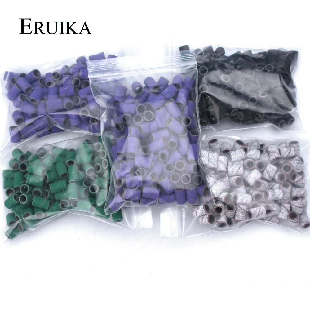 

ERUIKA 100pcs Purple Green Sanding Cap Bands for Electric Nail Drill Bit Accessories Gel Polish Manicure Remove Pedicure Tool