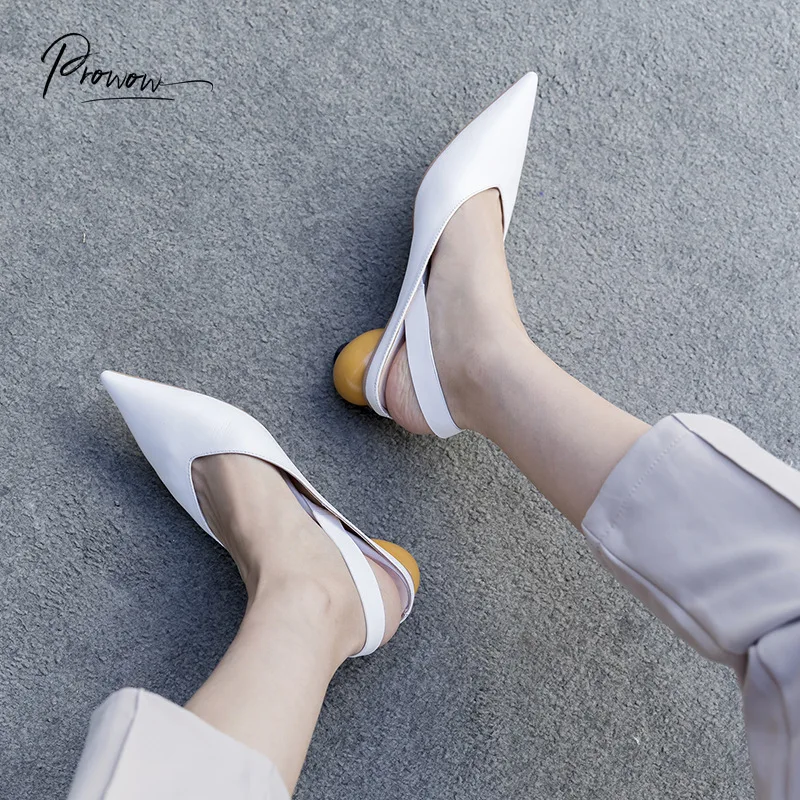 

Prowow Fashion Style Black Genuine Leather Women Summer Sandals Pointed Toe Buckle Strange Mid Heels Women Sandals Shoes Woman