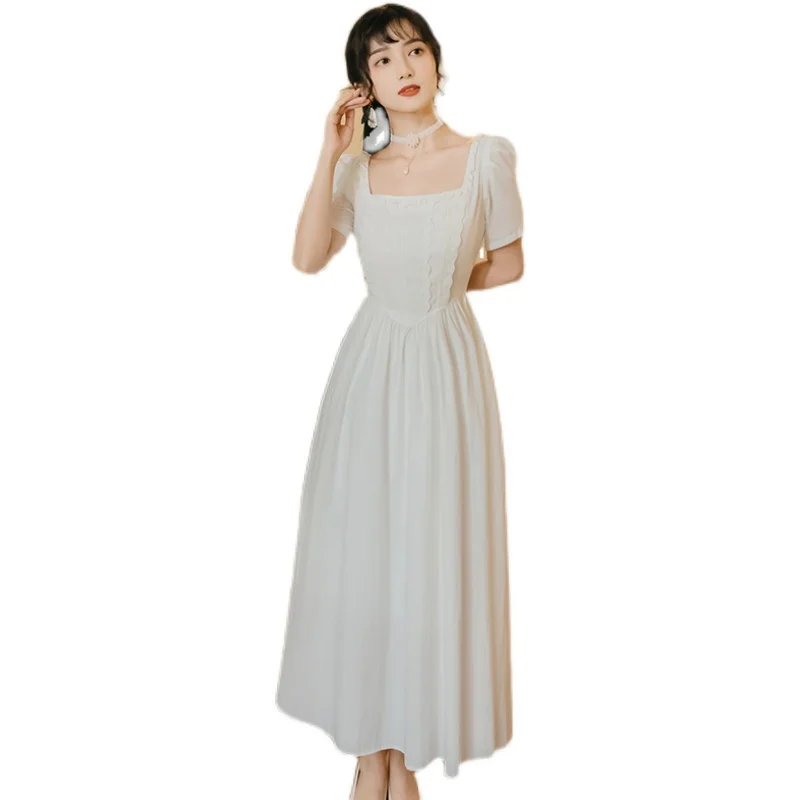 

COIGARSAM French Style Women dress New Summer Square Collar Dresses White 1916