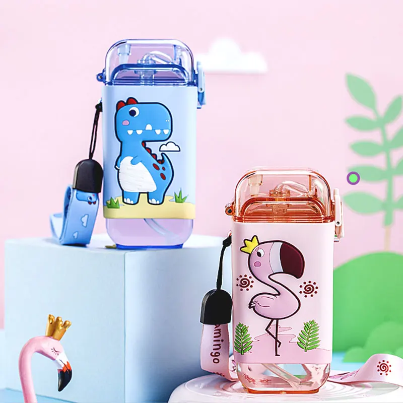 

Cartoon Children Water Bottle 280ml with Rope Portable Square Kettle Sealed Leak-Proof BPA Free Tritan Baby Milk Cup
