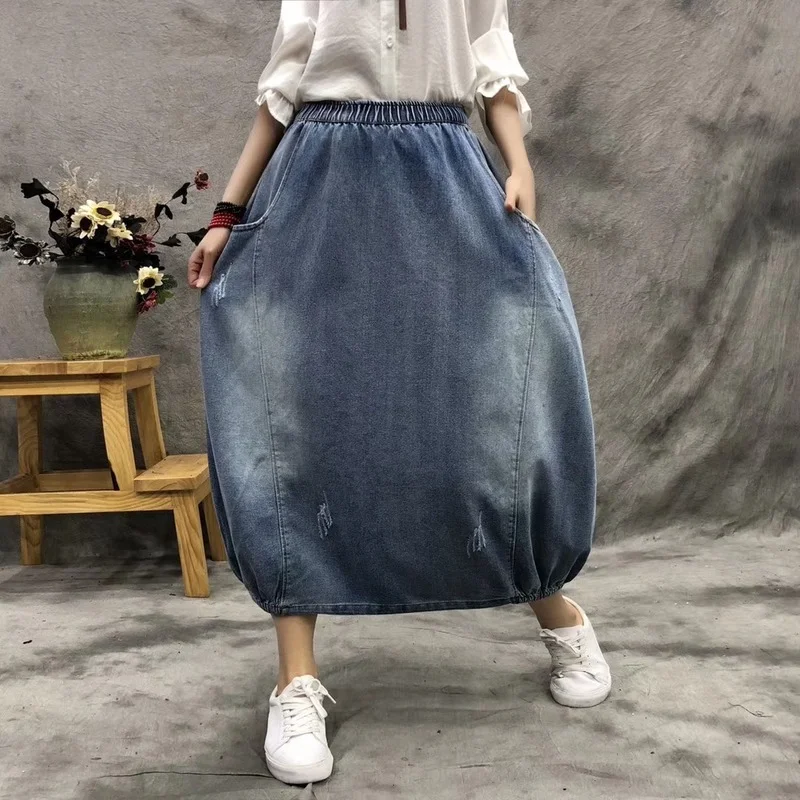 

Юбка Lugentolo женская джинсовая с эластичной талией, винтажная однотонная длинная юбка с карманами, с эффектом потертости, на лето