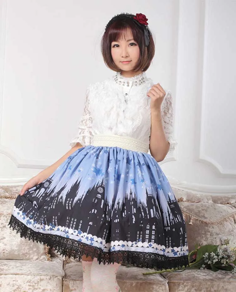 

Princess sweet lolita skirts Original Printed Blue and Black Gothic Church Lady Lolita Lace Half-length skirts women GZWY093