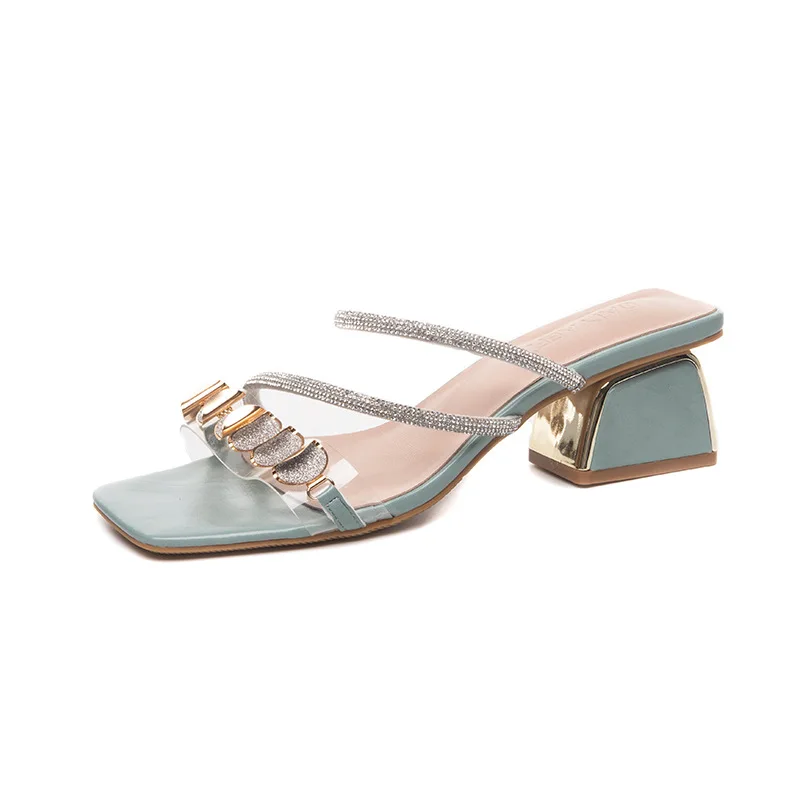 

Large Size Women's Shoes with Wide Feet Fat Sister 2021 New Net Red Rhinestone Thick Heel Sandals Women