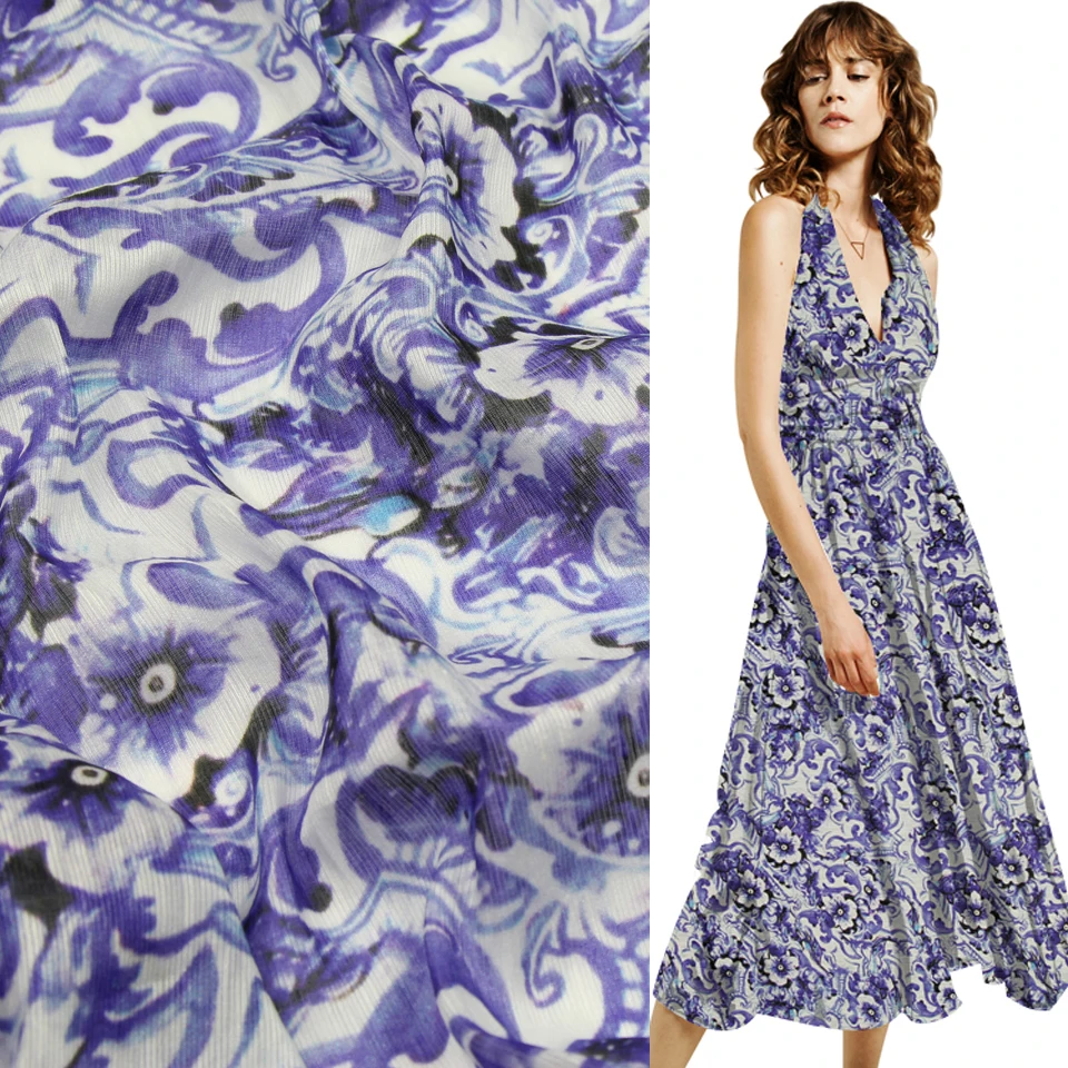 Сине белая шелковая льняная смешанная ткань с цветочным принтом целадона 14momme