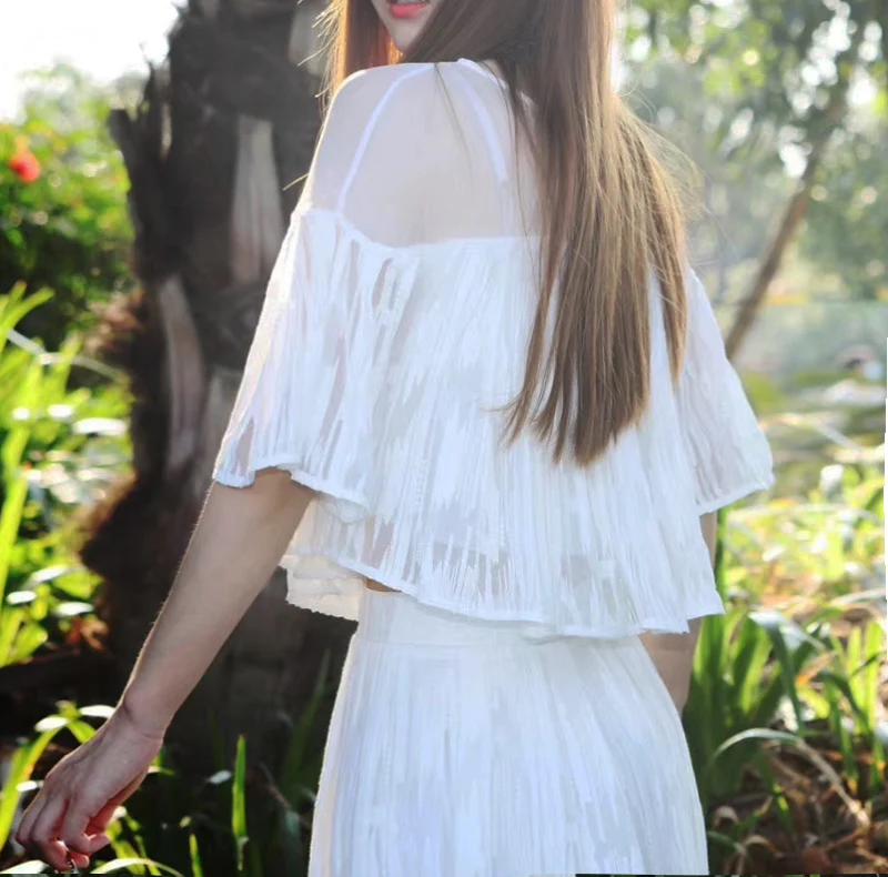 

Women Silk Set Two Piece Set New Arrival 2020 Fairy Suit Elegant Skirt Set Summer Embroidery Jacquard Top High Quality LongSkirT