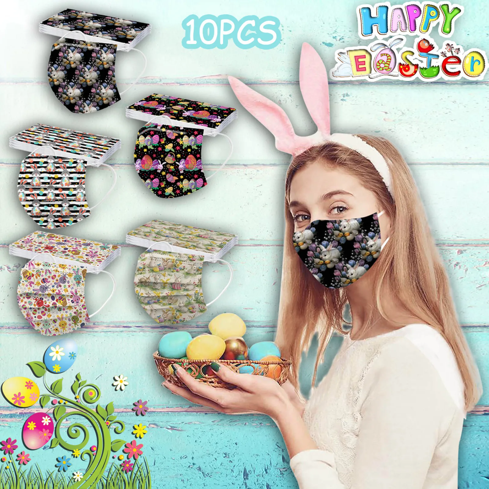 Маски унисекс с пасхальным принтом кролика 10 шт. 3-слойная защитная одноразовая