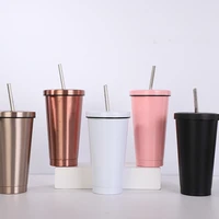 hot sale 16oz 304 stainless steel cup with metal straw large capacity vacuum flasks solid color coffee tumbler mug