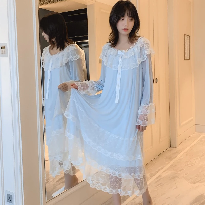 

Nightgown sweet palace style lace princess nightdress fairy sexy nightwear home service long sleeve bathrobe women blue robe