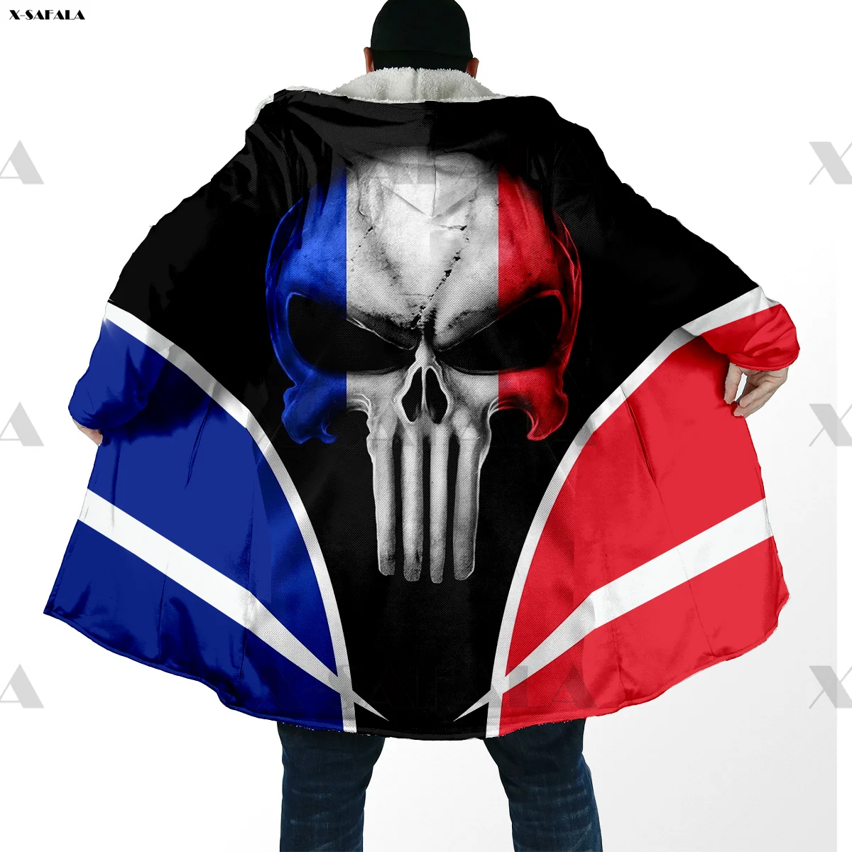 

France Country Flag Skull Eagle Printed Hoodie Long Duffle Topcoat Hooded Blanket Cloak Thick Jacket Cotton Pullovers Overcoat