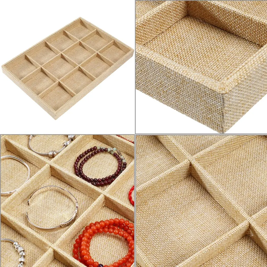 12 Grids Linen Cloth Jewelry Display Tray Holder Shop Storage Box For Earrings Necklace Watch Presentation Organizer | Украшения и