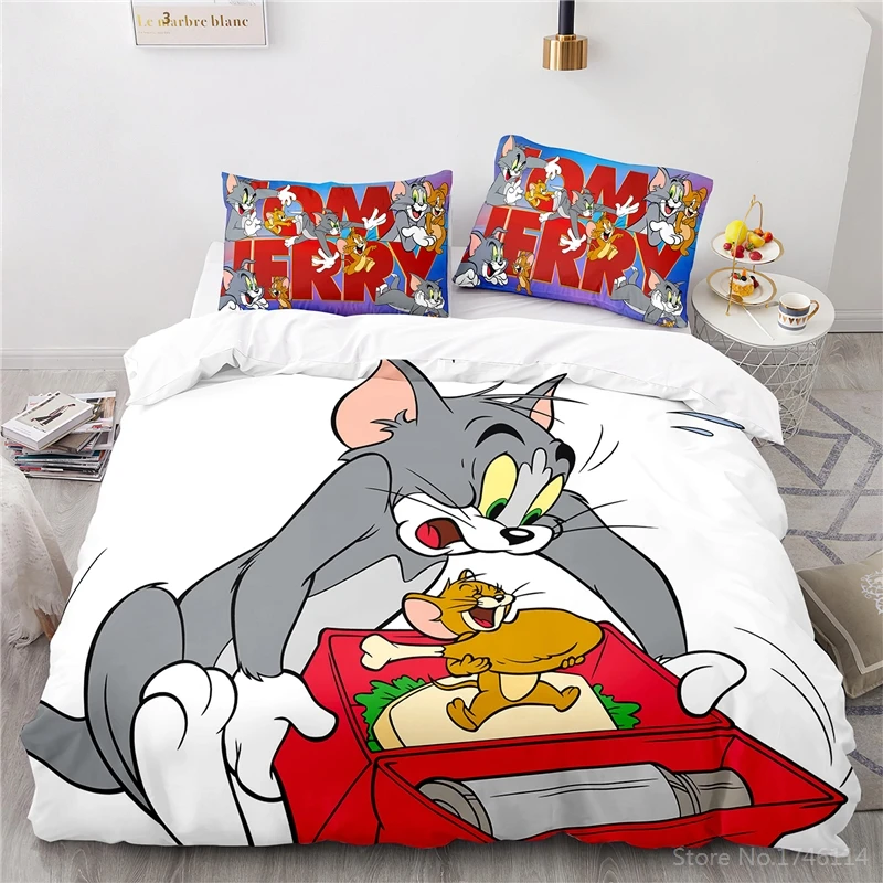 Kawaii Cat Mouse Tom Jerry 3D Cartoon Print Bedding Set Duvet Cover Quilt Pillowcase Home Textile for Kids Boys Girls | Дом и сад