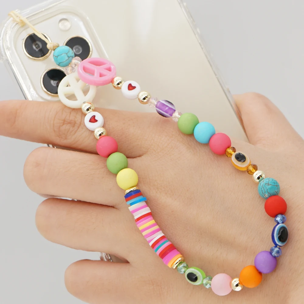 

Cell Phone Peace Sign Charm Beaded Phone Strap Mobile Chains Lanyard Telephone Chain Cord 2021 Jewelry For Women