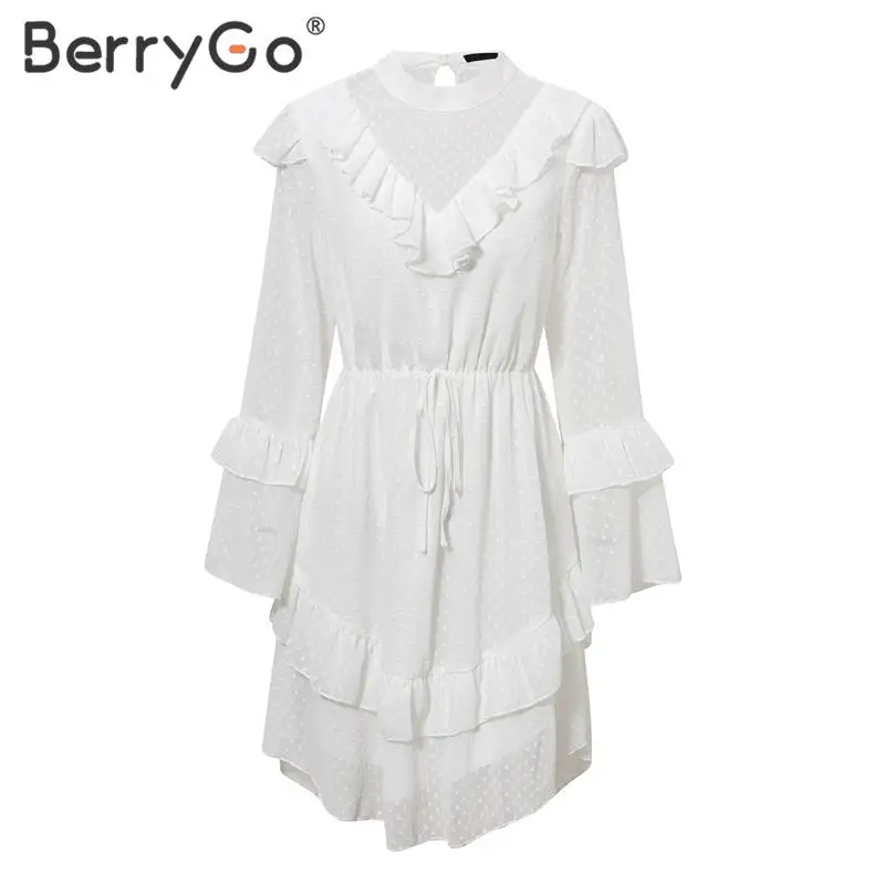 Женское шифоновое платье в горошек BerryGo элегантное белое пляжное трапециевидной