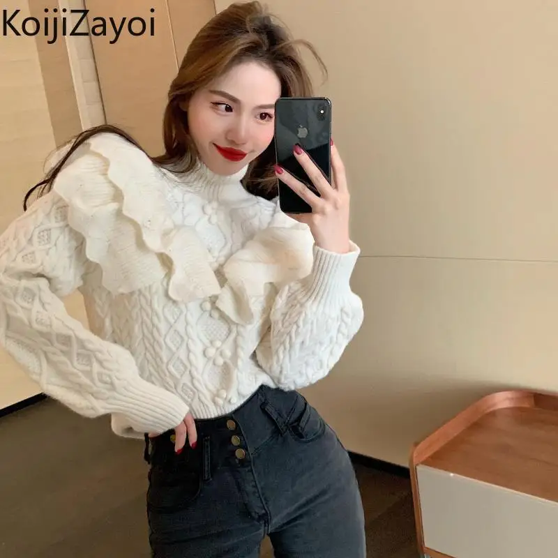 

Koijizayoi Elegant Women White Turtleneck Sweater Long Sleeves Fashion Office Lady Japan Style Jumper Winter Warm Chick Jumpers