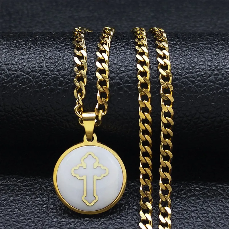

Christian Jesus Cross Stainless Steel Shell Necklace Round Gold Color Chain Necklace Jewelry bijoux acier inoxidable NXS05