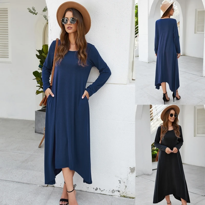

Женское оригинальное платье, однотонное осенне-летнее повседневное Свободное длинное платье с карманами, пуловер