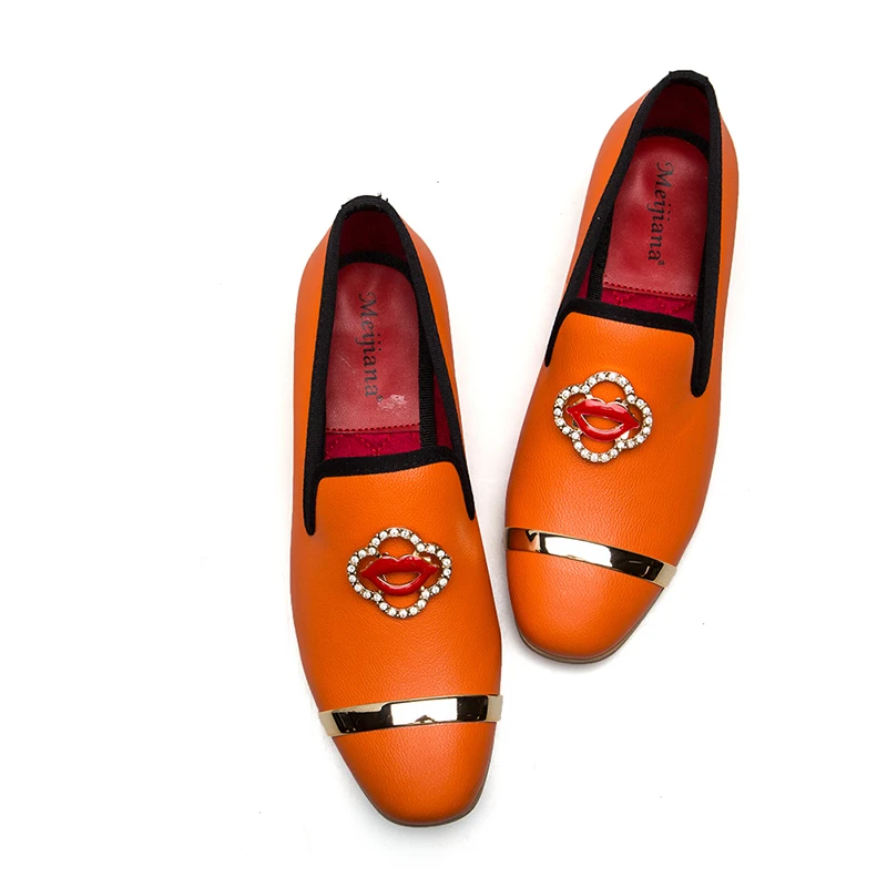 Женские туфли-лодочки MEIJIANA оранжевые Лоферы без застежки с металлическим