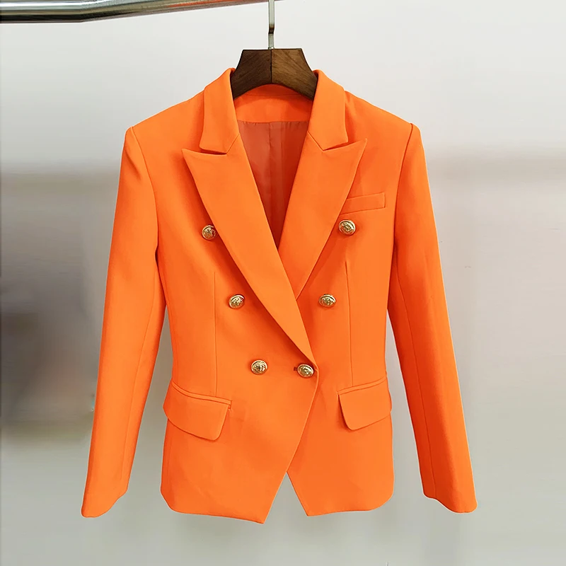 

HIGH STREET Classic Baroque Designer Blazer Women's Metal Lion Buttons Double Breasted Blazer Orange