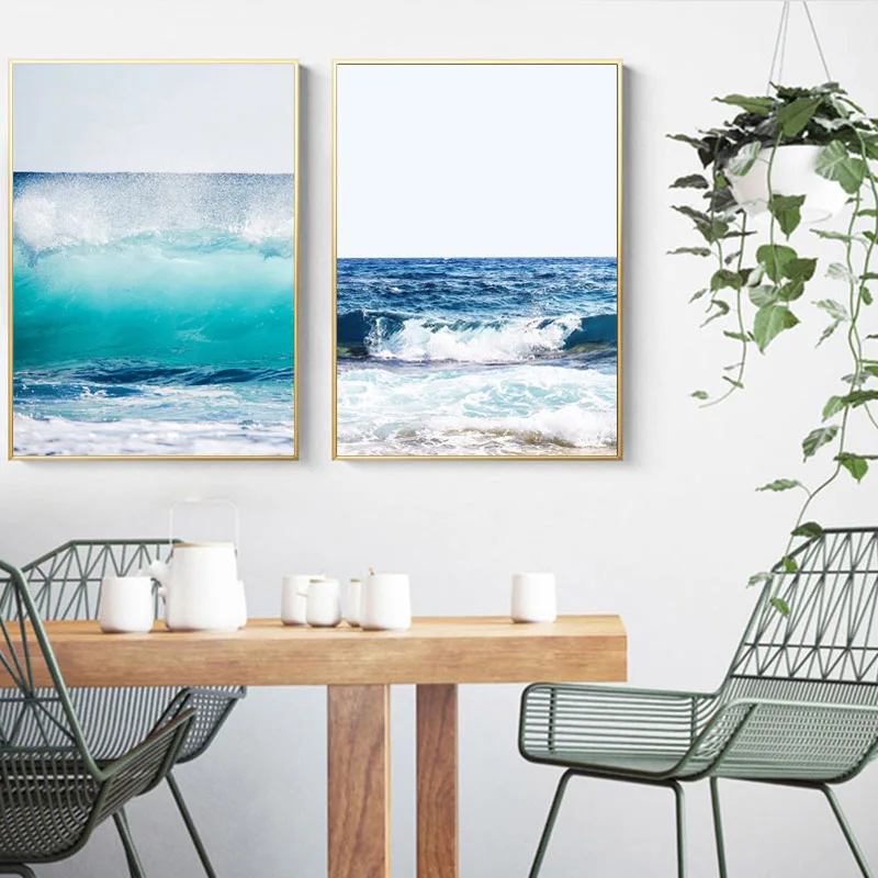 Скандинавское украшение для дома синий океан плакат с волнами холст покраски