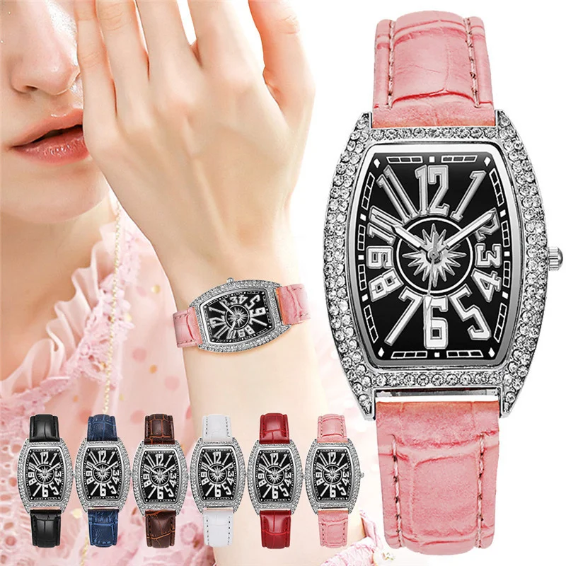 Women Tonneau Arabic Numbers Diamond Luxury Ladies Leather Quartz Wristwatches Clock Relogio Feminino | Наручные часы