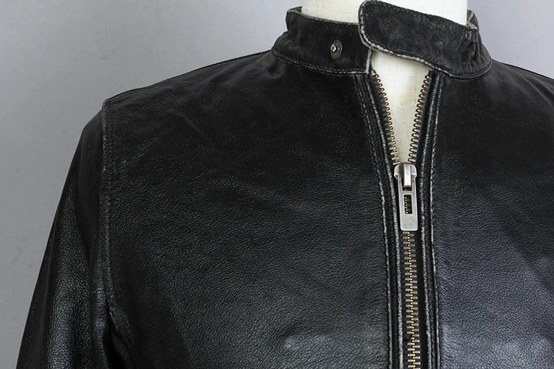 

2019 Casual Vintage Genuine Leather Jacket men Black Cowskin Short Stand Collar Motorcycle Biker Jacket Real Leather Coat