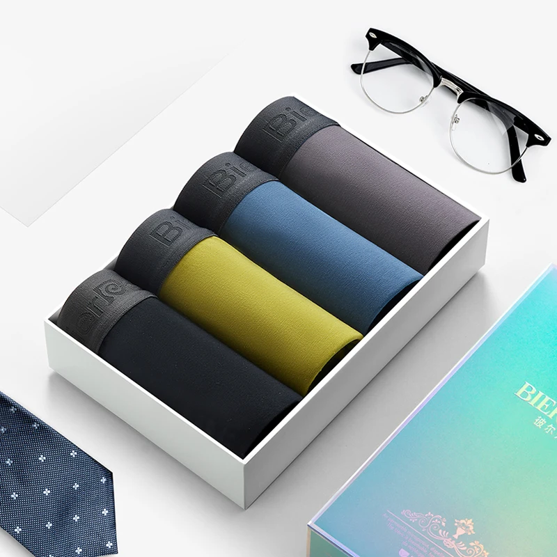 

BIERDAN Cotton 4XL Brand Boxer Shorts Men Comfortable Middle Waist Boxershorts Solid Color Sexy 4pcs/lot Male Underwear