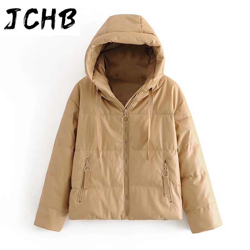 

SHZQJCHB Women Thick Warm PU Faux Leather Padded Coat 2021 Winter Zipper Hooded Jacket Parka Long Sleeve Pockets Outerwear Tops