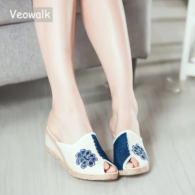 

Veowalk Handmade Women Linen Cotton Wedge Slides Slippers Comfortable 6cm Heel Peep Toe Espadrilles Sliders Summer Ladies Shoes