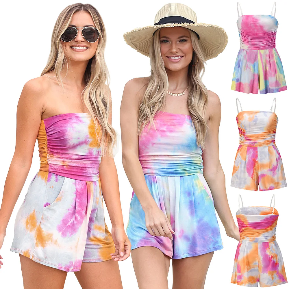 

Summer casual jumpsuit tie-dye beach tube top shorts breathable and cool sleeveless tie-dye printed beach one-piece shorts 2021