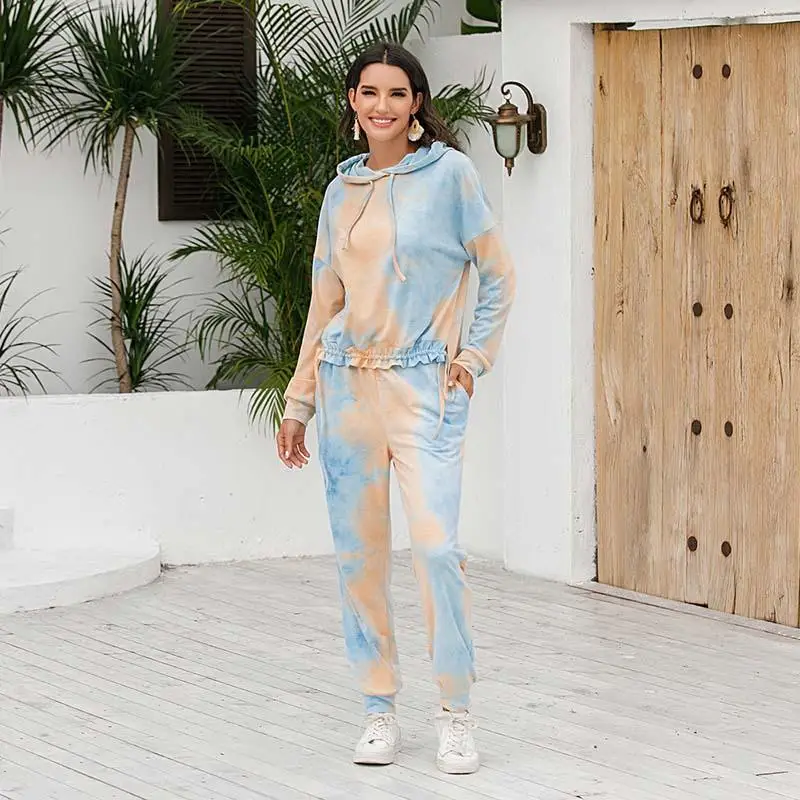 

2020 Autumn Winter Tie Dye Lounge Set Women's Pajamas Set Sweatshirt Hooded Women Sleepwear Set Loungewear Long Sleeve Pijama