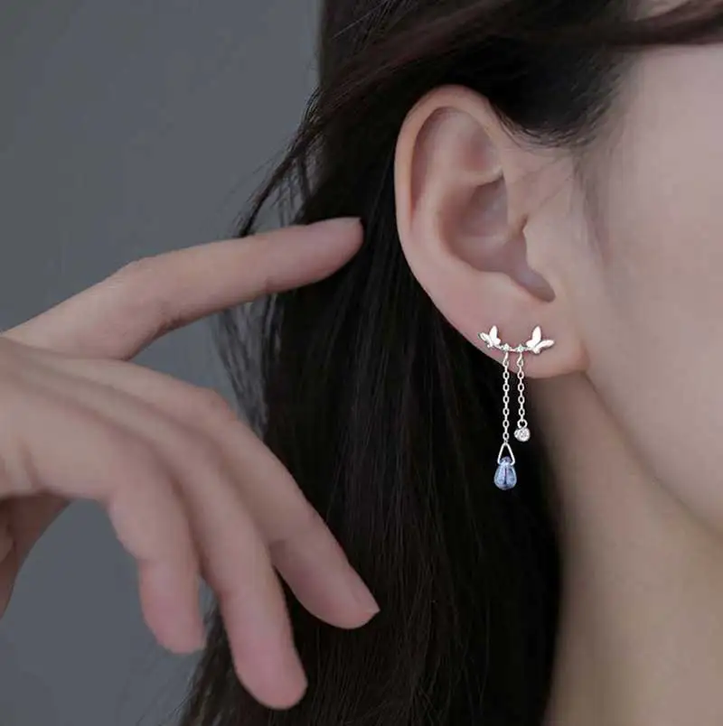

xiaoboACC S925 Silver Butterfly Stud Earrings 2021 Trend Korean Fashion Tassel Women Hanging Earring