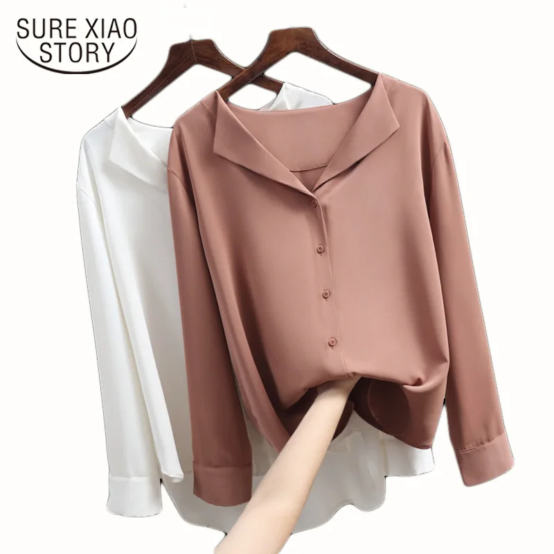 

2021 spring New Casual Solid Loose Female Shirts Outwear Tops Women Chiffon Blouse Office Lady V-neck Button Clothing 5104 50